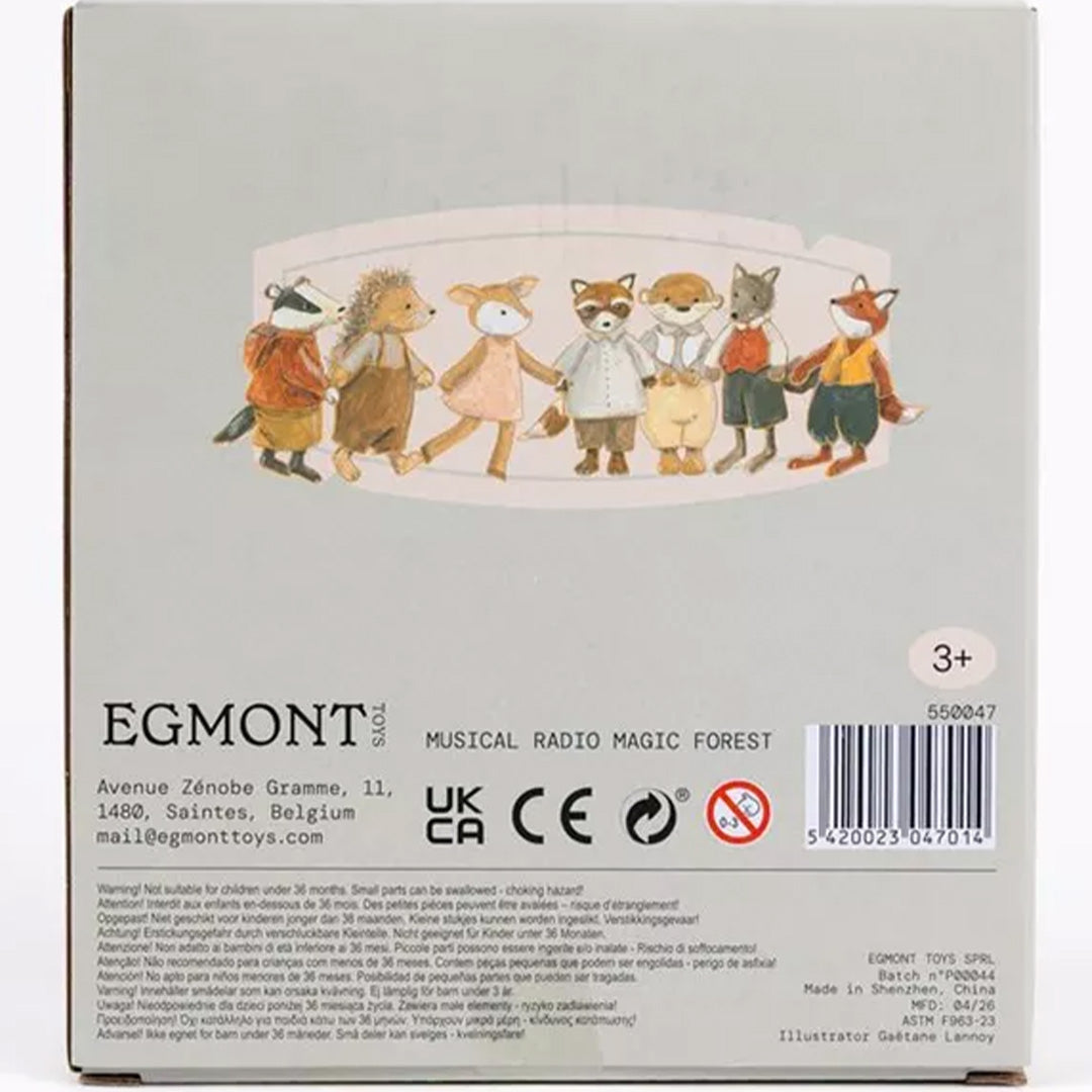Achterkant van de Egmont Toys muziekspeelgoed verpakking met illustraties van bosdieren.