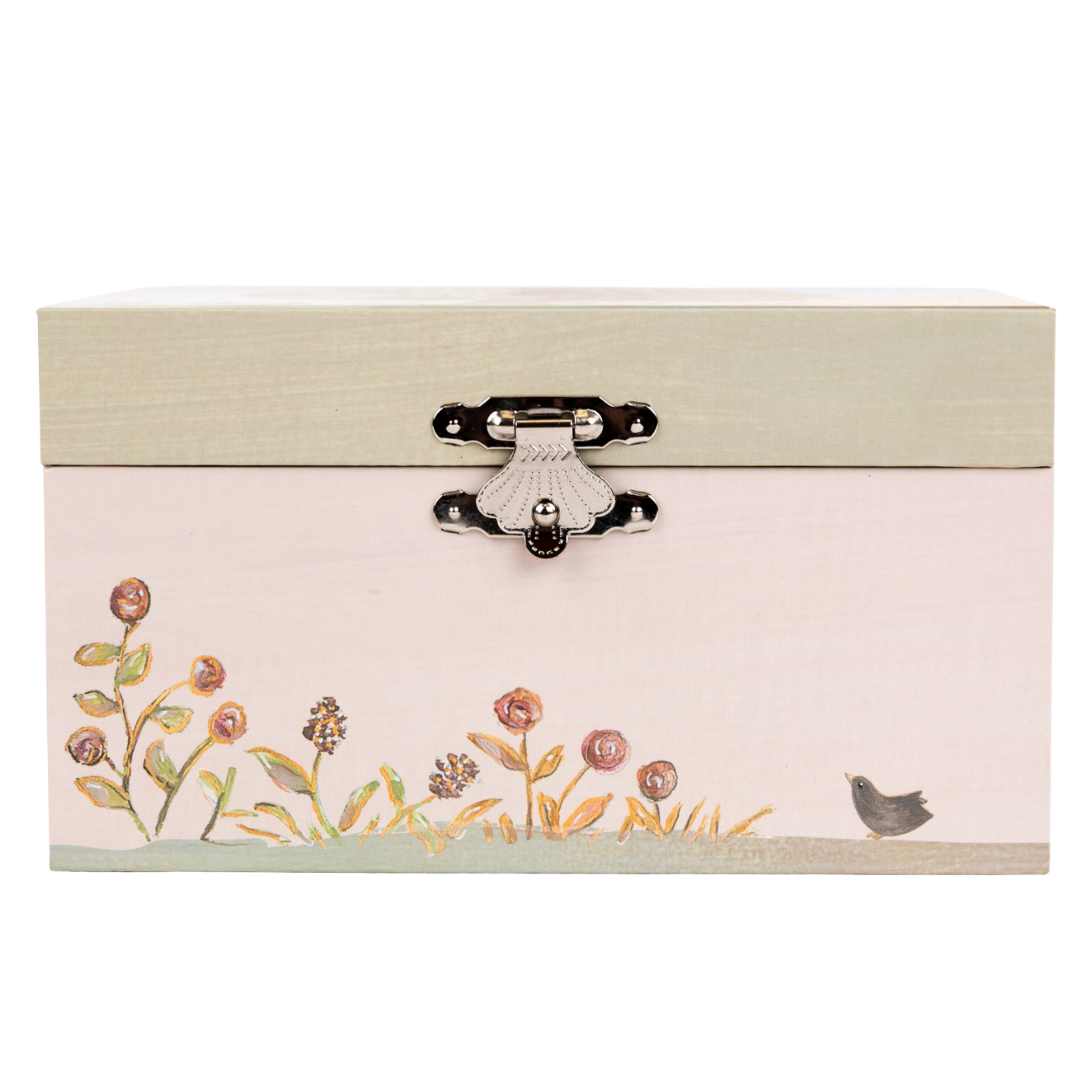 Vooraanzicht van de Egmont Toys muziekspeeldoos met bloemen en een vogelpatroon.