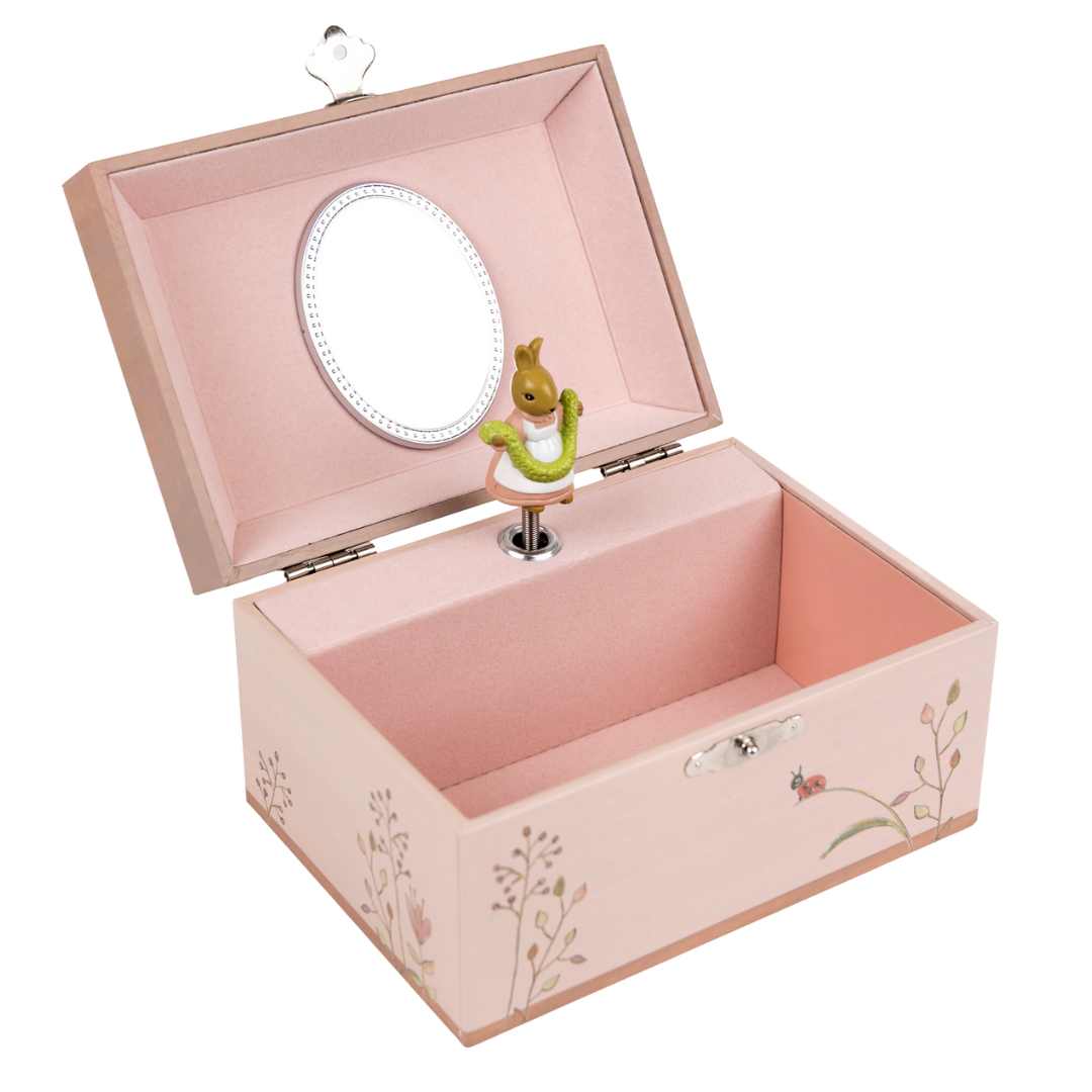Egmont Toys roze houten muziekdoosje met open deksel, spiegel en dansend konijntje.