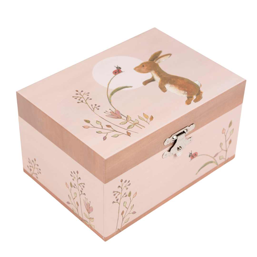 Egmont Toys roze houten muziekdoosje met een illustratie van een konijn en een lieveheersbeestje.