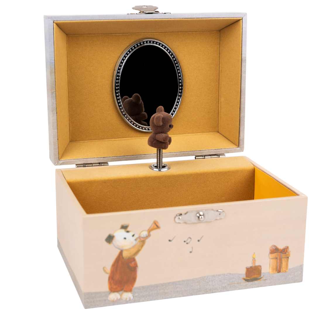 Egmont Toys houten muziekdoosje met open deksel, spiegel en dansend beertje, versierd met een hondje, taart en cadeau.