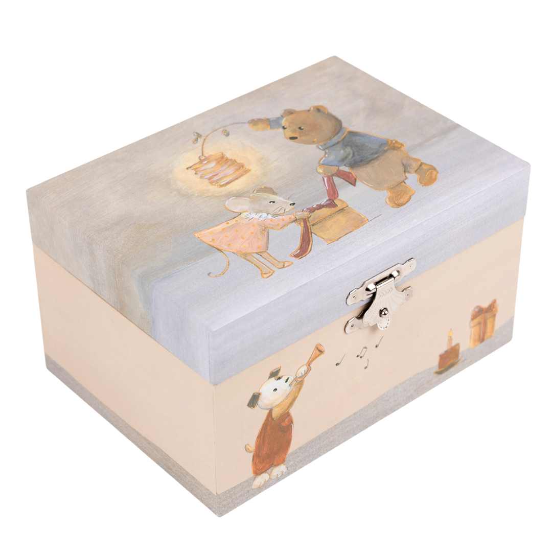 Egmont Toys houten muziekdoosje gesloten, versierd met een beer, muis, hondje, taart en cadeau.
