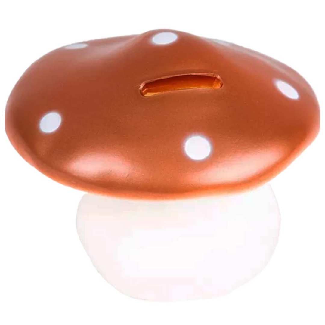 Egmont Toys paddenstoel spaarpot met bruine dop met witte stippen, van bovenaf gezien.