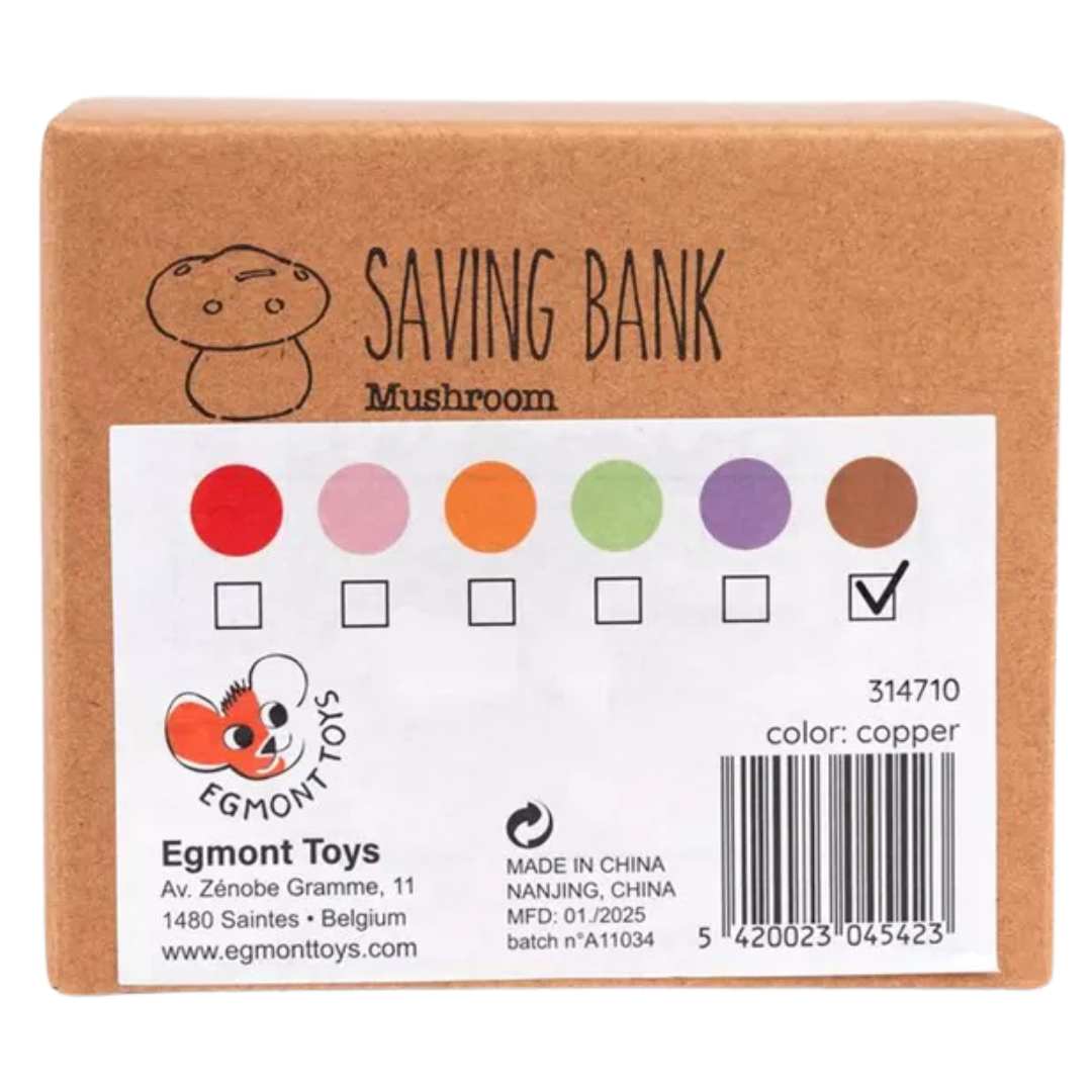 De verpakking van de Egmont Toys paddenstoel spaarpot met de tekst 'SAVING BANK Mushroom' en kleurselectie.