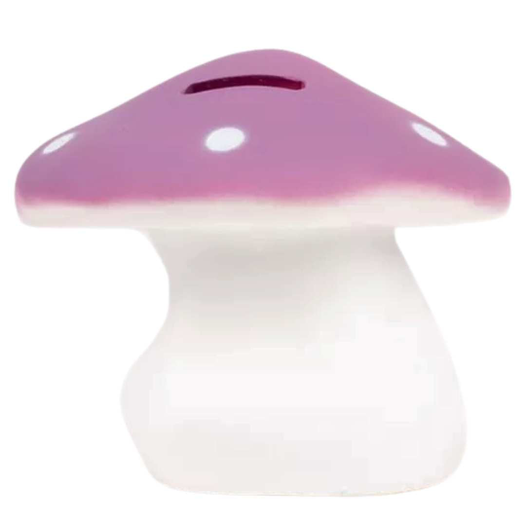 Egmont Toys paddenstoel spaarpot in lila met witte stippen, schuin van voren gefotografeerd.