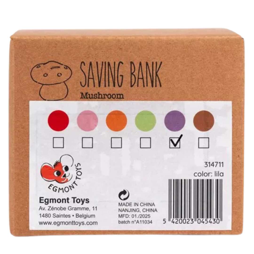 De bruine kartonnen verpakking van de Egmont Toys paddenstoel spaarpot, met productinformatie en barcode.