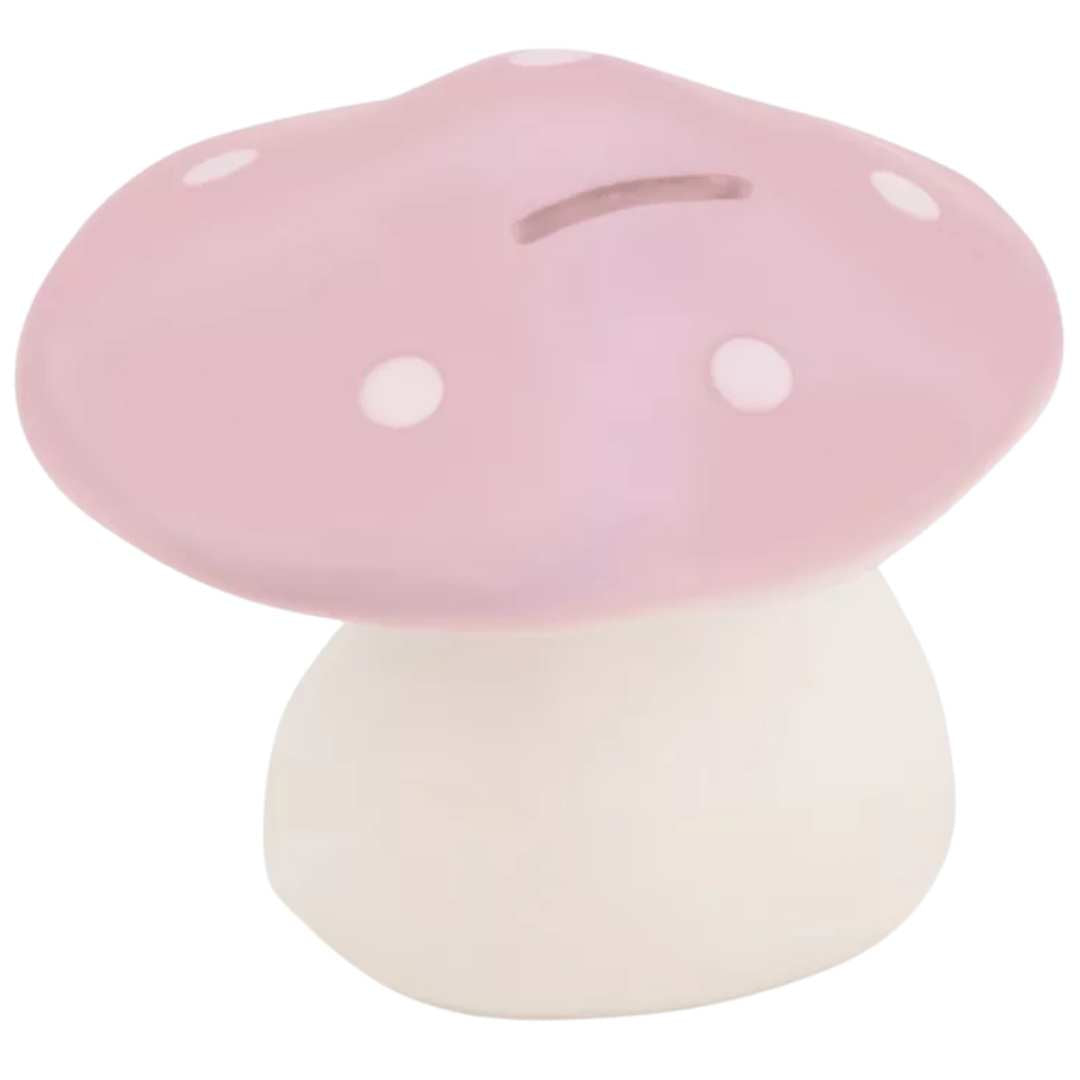 Egmont Toys roze paddenstoel spaarpot met witte stippen en muntsleuf.