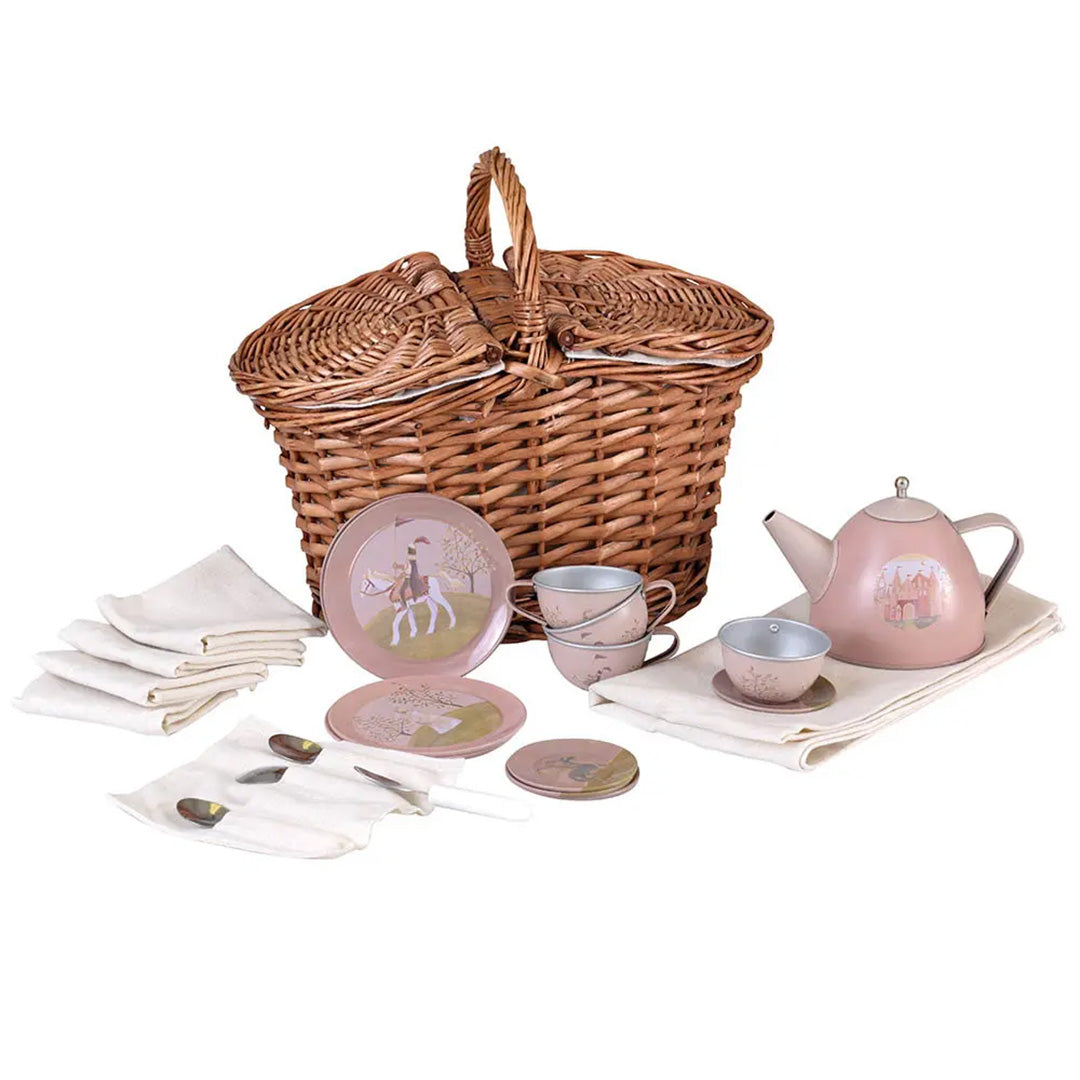 Egmont Toys theeservies in rieten mand met roze prinses-thema theepot, kopjes, schotels, bordjes, bestek en servetten.