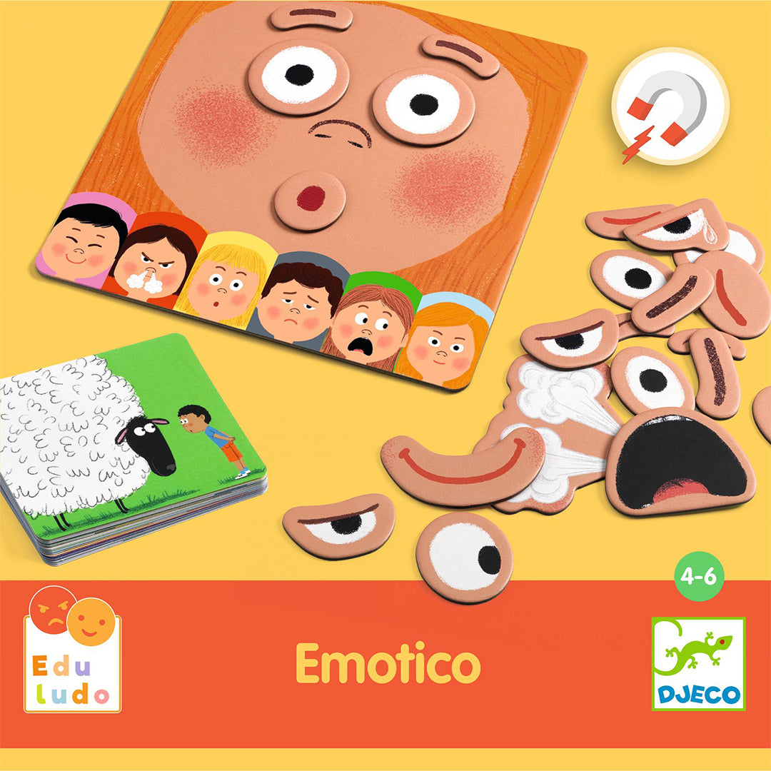 Schuine weergave van de verpakking van het Djeco Emotico educatief spel, met logo's en spelonderdelen.