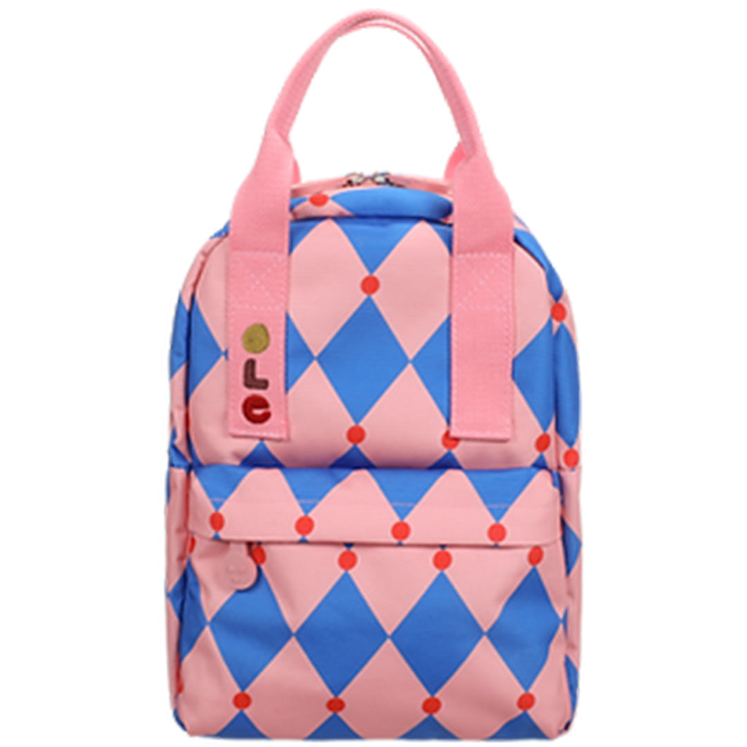 ole peuterrugzak met roze en blauw ruitpatroon en rode stippen, vooraanzicht.
