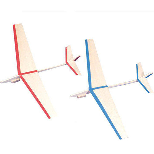 Twee fagus houten DIY zweefvliegtuigen, één met rode en één met blauwe accenten.