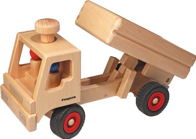 Fagus houten kiepwagen met de laadbak omhoog gekiept.