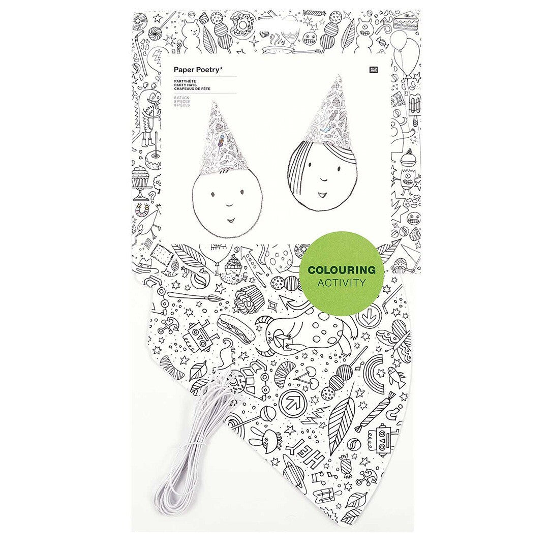 Rico Design verpakking van feesthoedjes om in te kleuren, met twee voorbeelden en de tekst 'COLOURING ACTIVITY'.