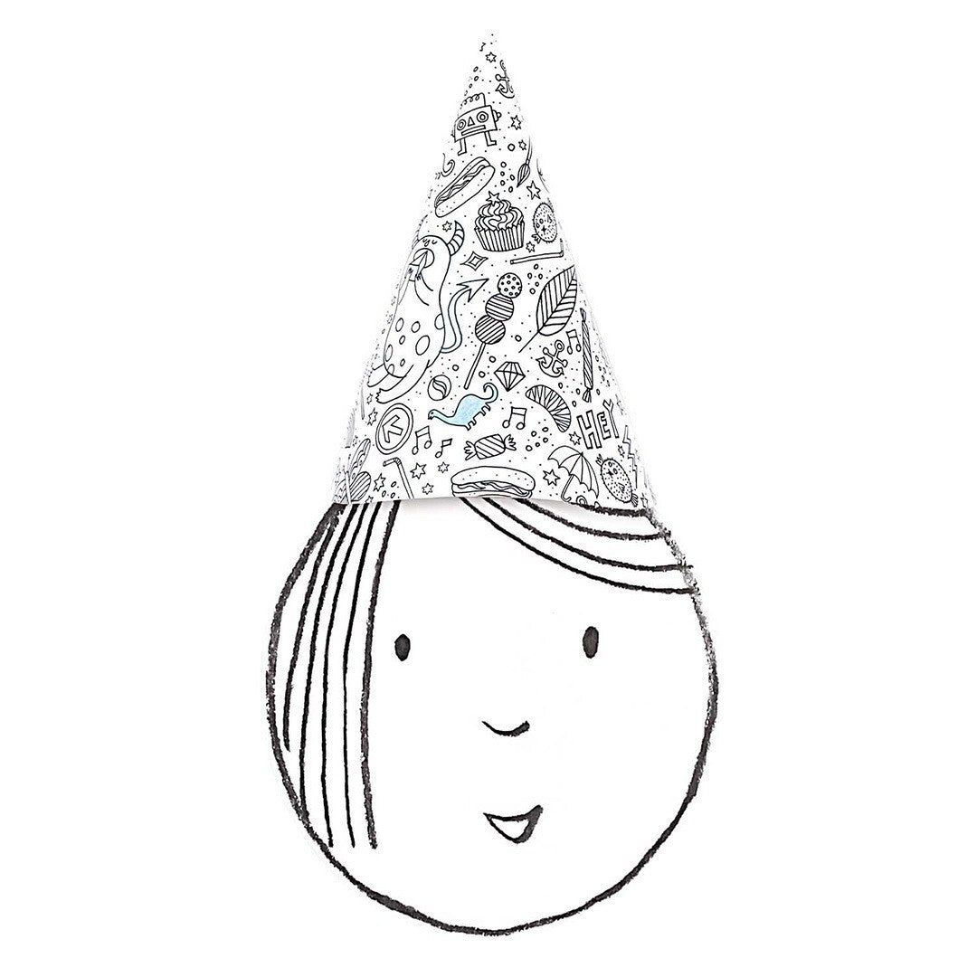 Een feesthoedje om in te kleuren, geplaatst op een getekend kinderhoofd.