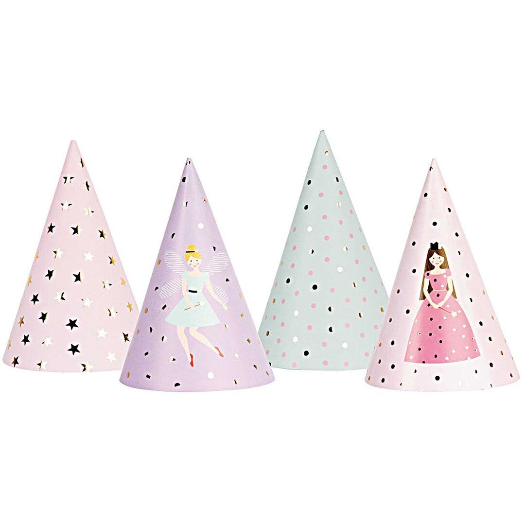Vier Rico Design feesthoedjes met prinsessen, een fee, sterren en stippen.