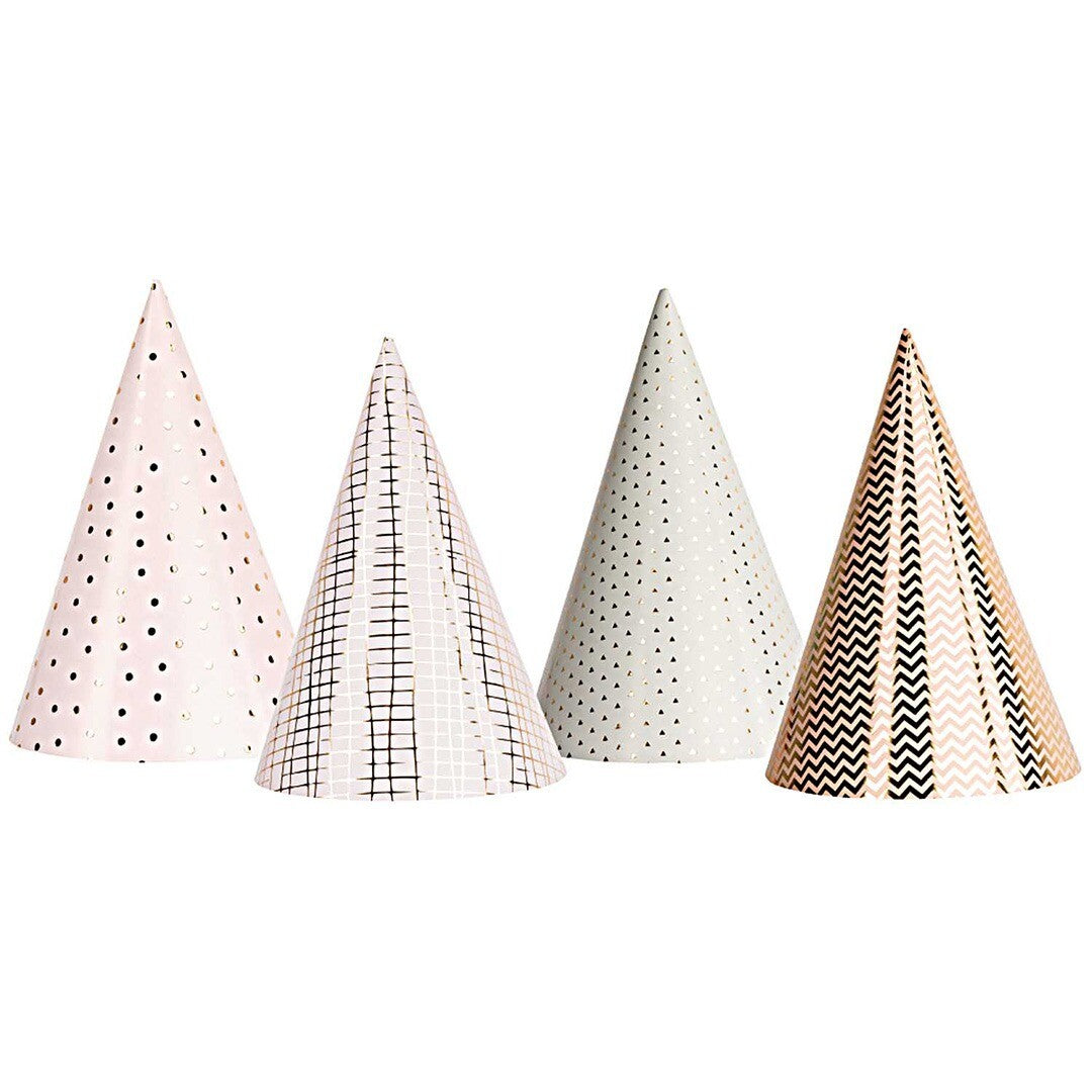 Rico Design feesthoedjes in roze en goud met verschillende patronen zoals stippen en geometrische vormen.