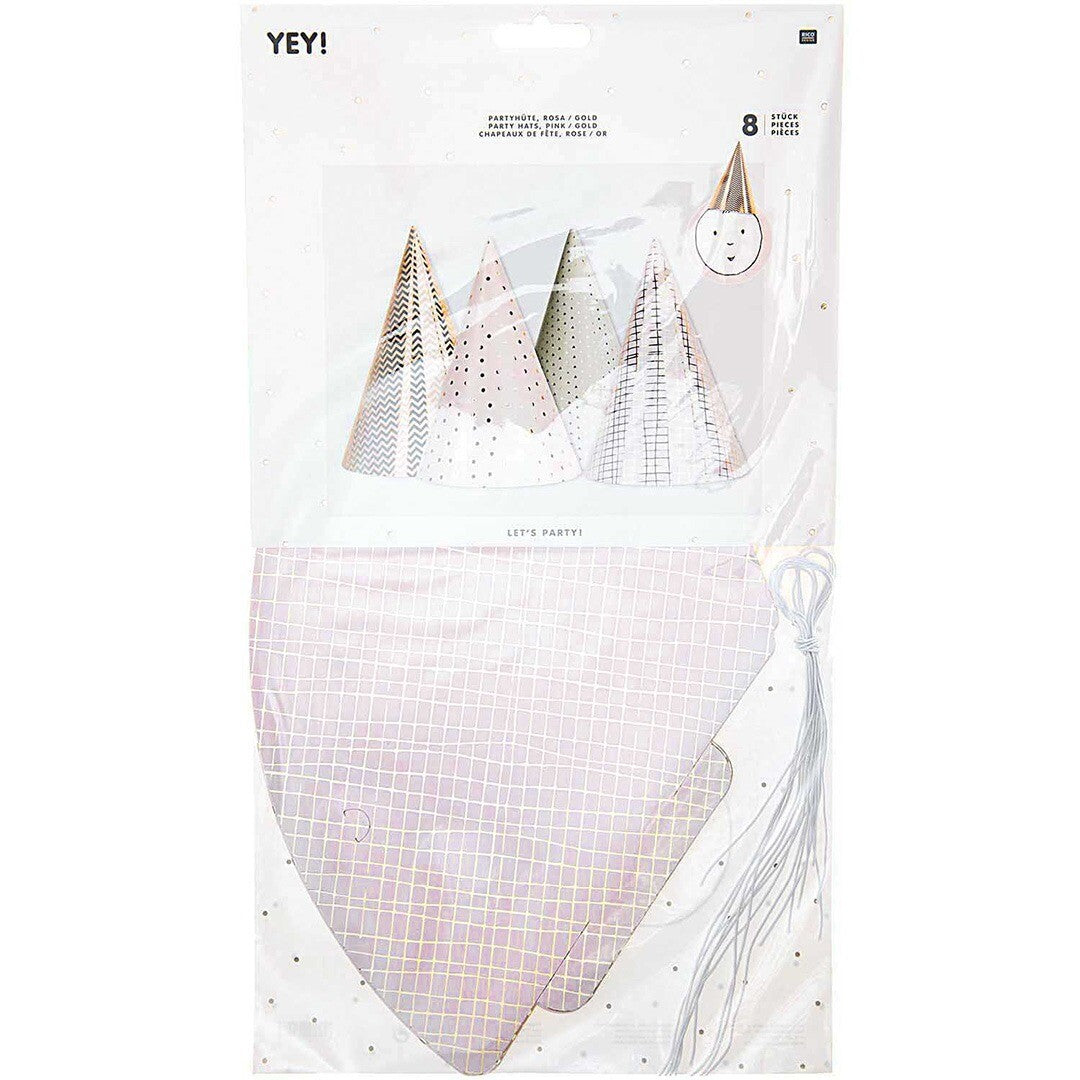 Verpakking van Rico Design feesthoedjes in roze en goud met verschillende patronen.