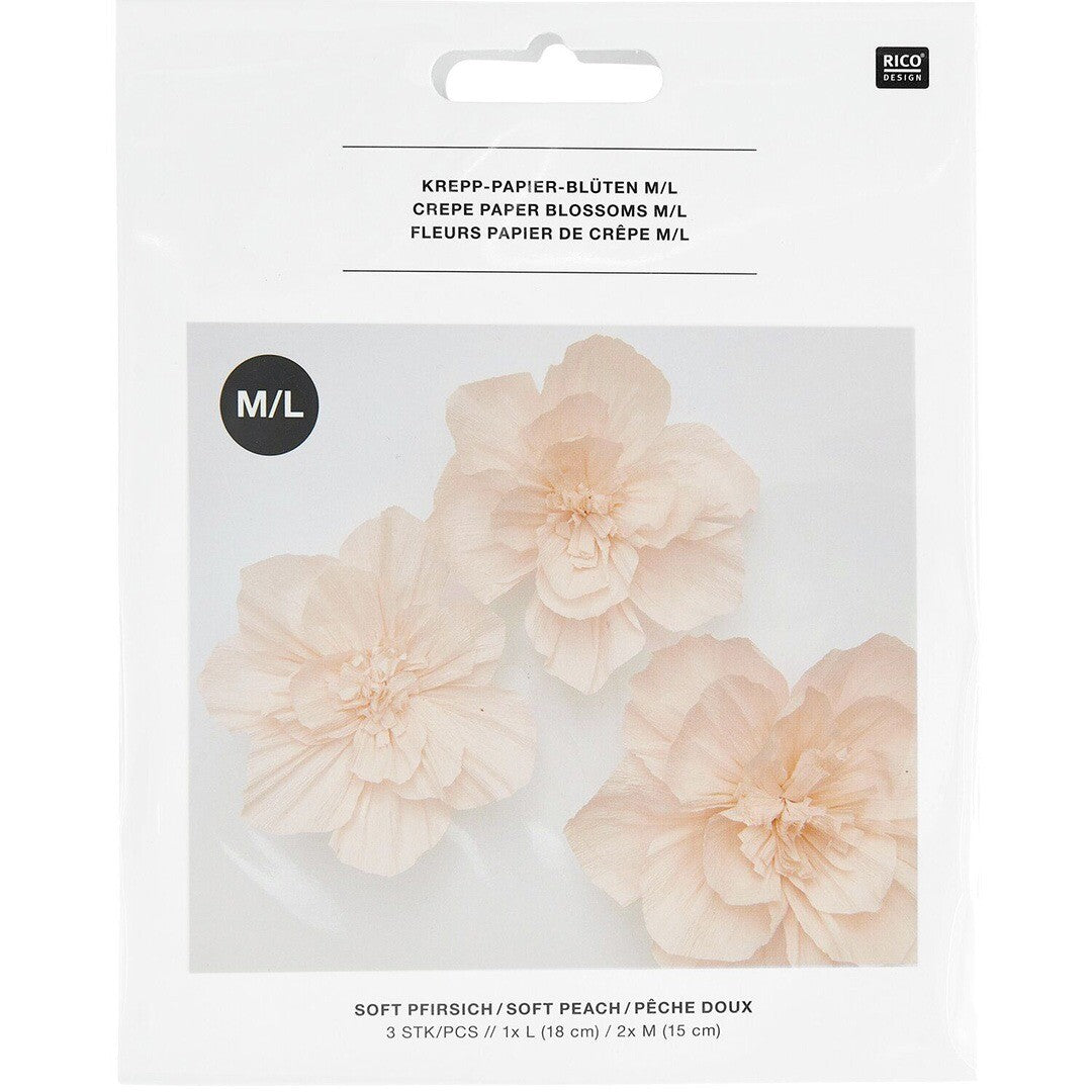 Rico Design verpakking met drie roze crêpepapier bloemen in maat M/L.