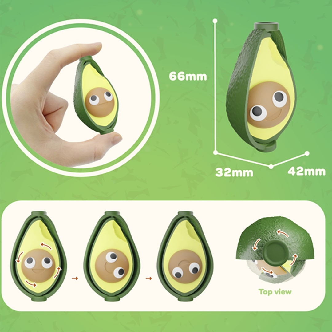 Infographic van de Fidget Go avocado fidget toy met afmetingen en bewegingsillustraties.