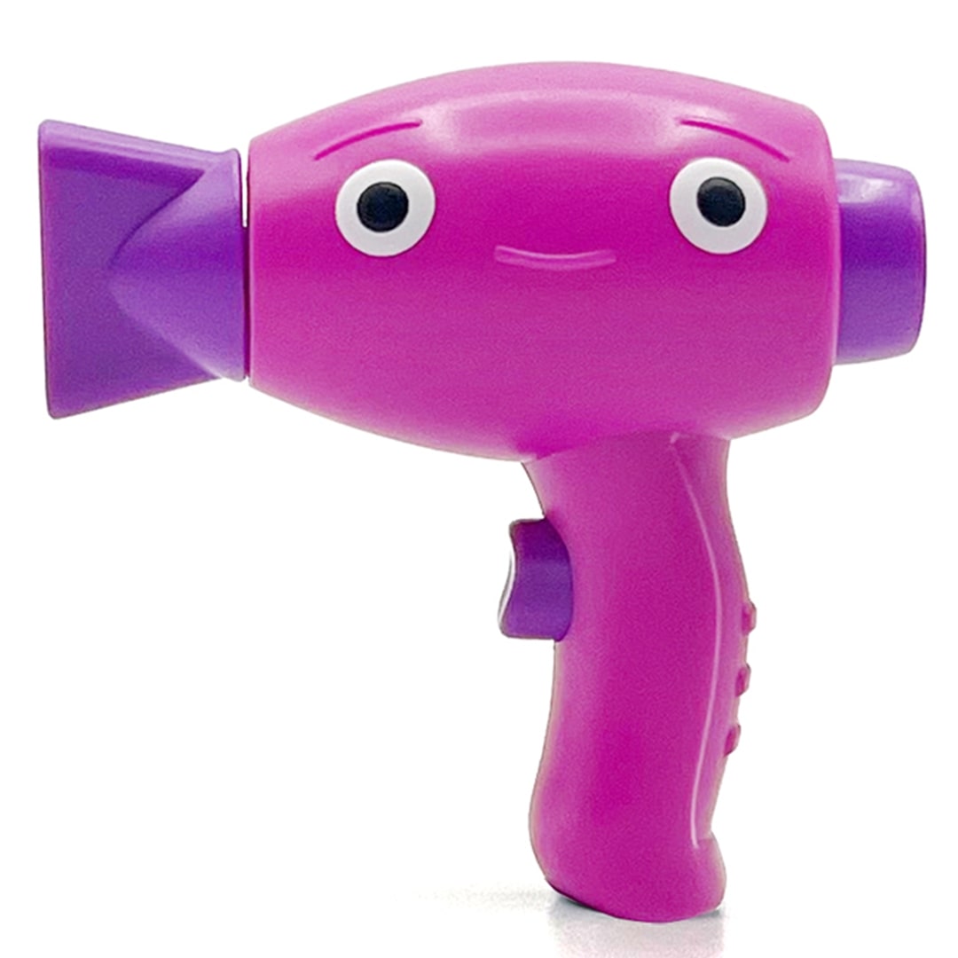 fidget go roze en paarse friemelspeelgoed föhn met een lachend gezicht en brede platte voorkant.