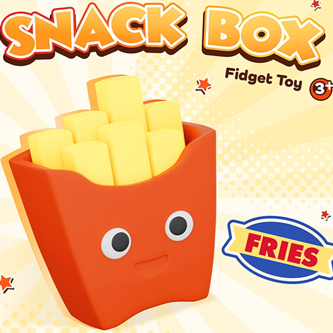 Promotieafbeelding van het friemelspeelgoed in de vorm van een frietbakje met de tekst 'SNACK BOX Fidget Toy'.