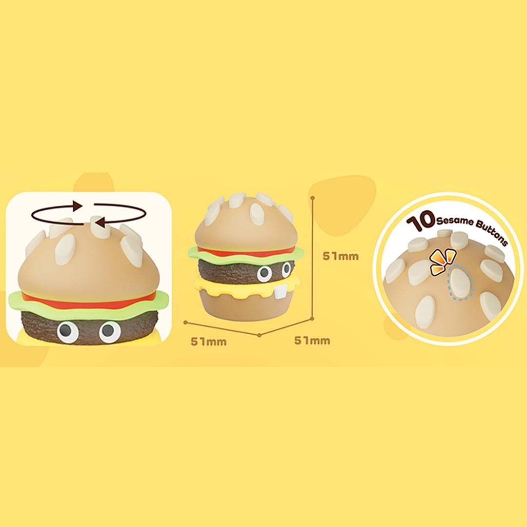 Infographic met afmetingen en kenmerken van de hamburger fidget toy.