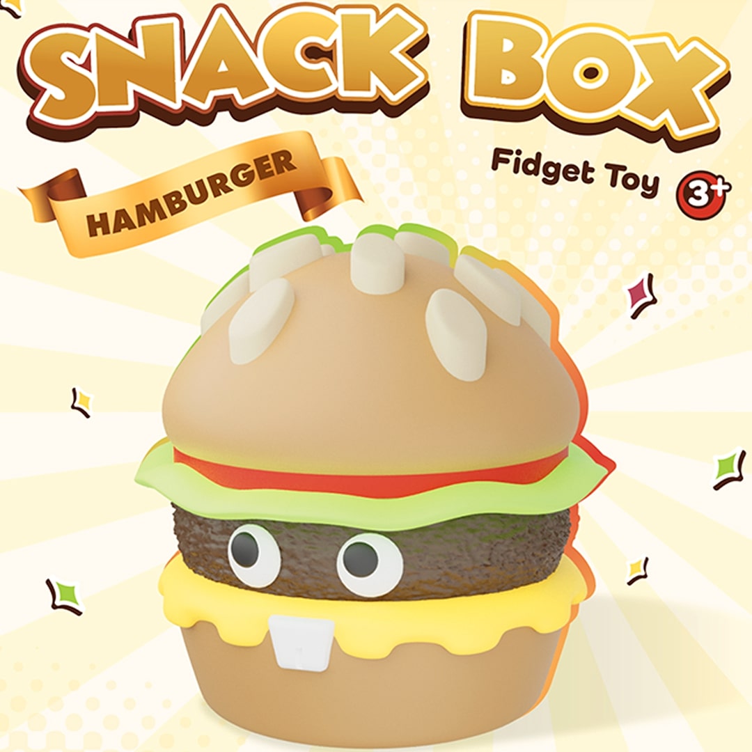 Promotieafbeelding van de hamburger fidget toy met de tekst 'Snack Box Hamburger Fidget Toy'.