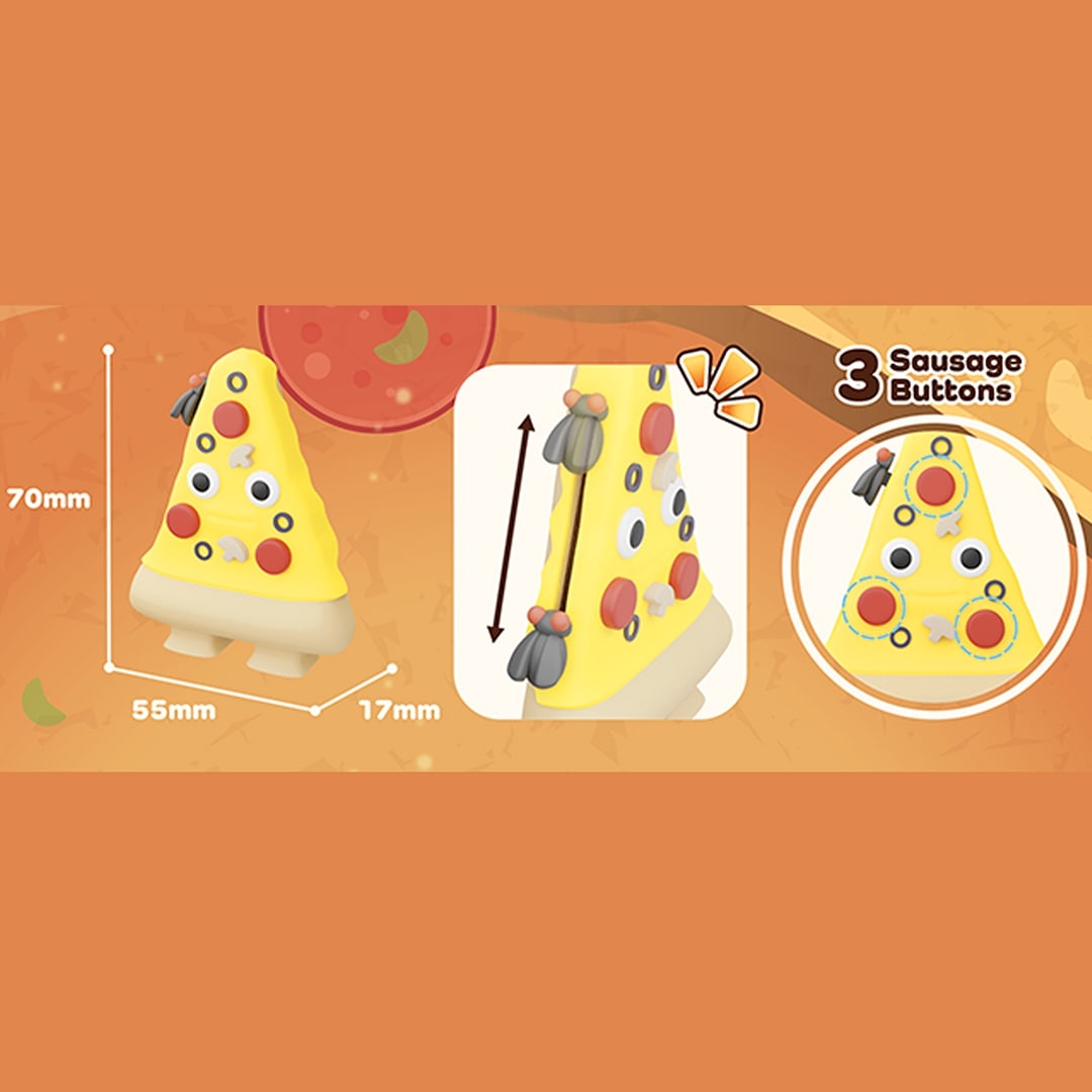 Infographic van het pizza fidget speelgoed met afmetingen en details over de knoppen.