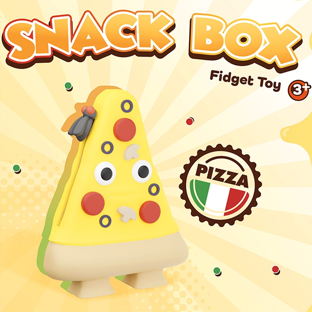Promotieafbeelding van het Fidget Go pizza fidget speelgoed met de tekst 'SNACK BOX Fidget Toy' en een pizza logo.