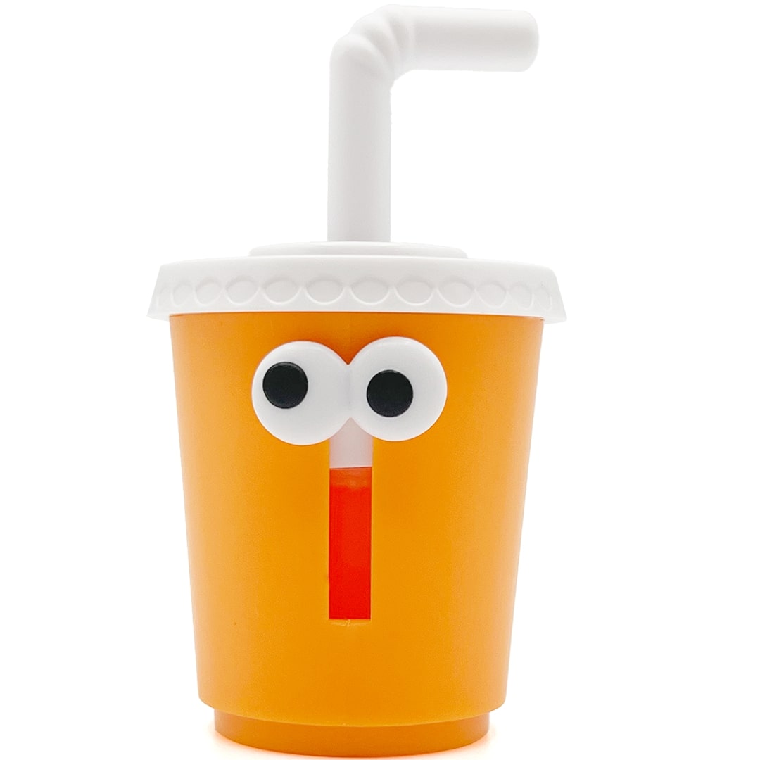 Fidget go sensorisch speelgoed in de vorm van een oranje frisdrankbeker met ogen en een rietje.