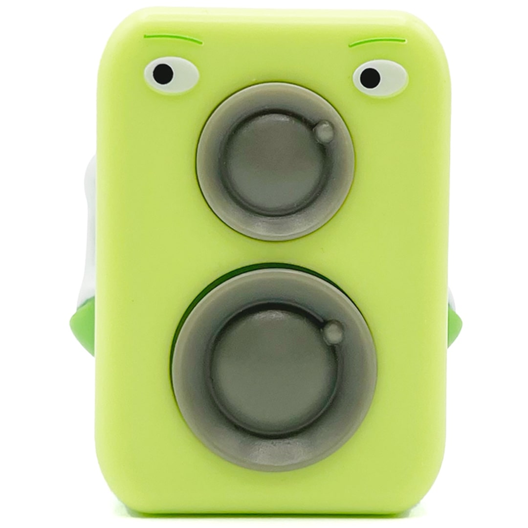 Fidget Go groen friemelspeelgoed speaker met twee draaiknoppen en ogen.