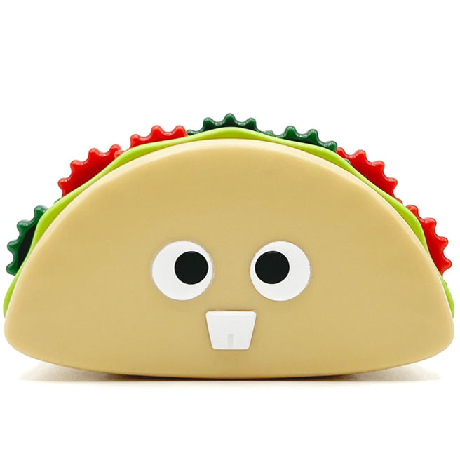 Fidget go taco friemelspeelgoed met cartoonogen en een tand, van voren gezien.