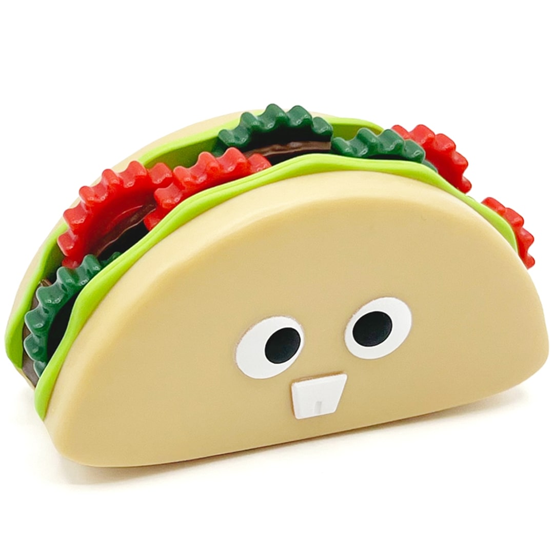 Fidget go taco friemelspeelgoed met cartoonogen en een tand, schuin van voren gezien.