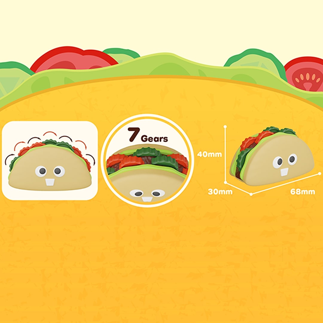 Infographic van het taco friemelspeelgoed met details over de afmetingen en de 7 tandwielen.