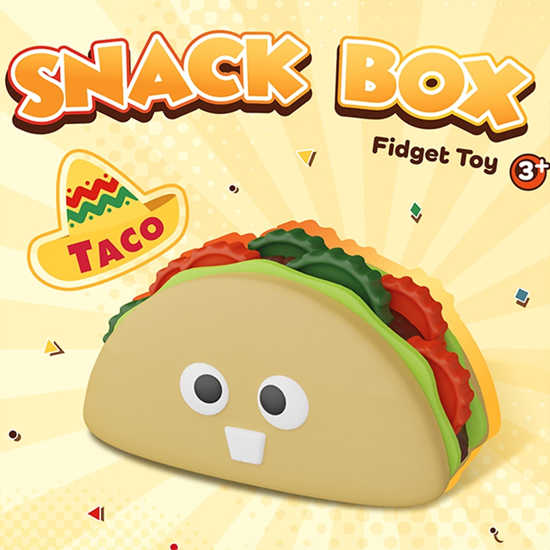 Promotieafbeelding van de Snack Box taco fidget toy met de tekst 'SNACK BOX Fidget Toy 3+'.