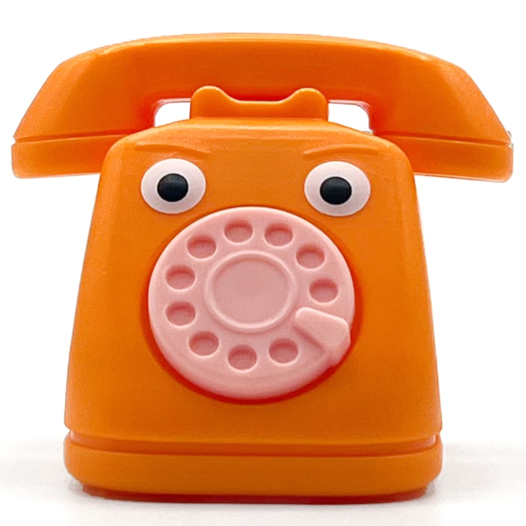 Fidget go oranje telefoon friemelspeelgoed met googly ogen en roze draaischijf, vooraanzicht.