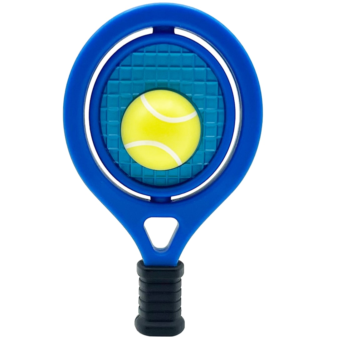 Fidget go friemelspeelgoed in de vorm van een blauw tennisracket met een gele tennisbal.