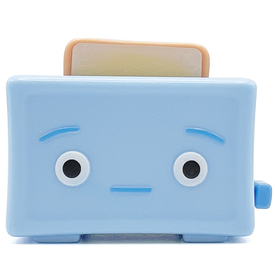 Fidget go friemelspeelgoed blauwe broodrooster met een verdrietig gezicht, van voren gezien met een stukje toast erin.