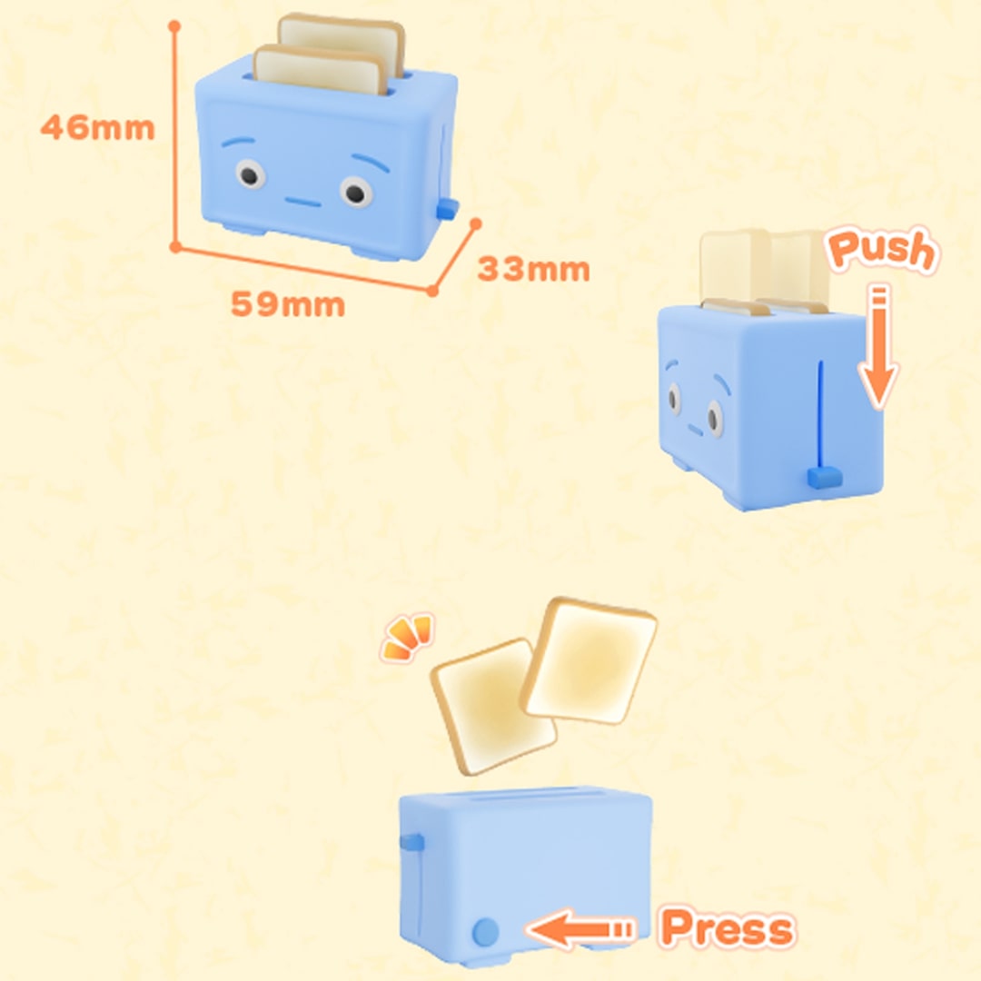 Infographic van het friemelspeelgoed broodrooster met afmetingen en uitleg over de pop-up functie van de toast.