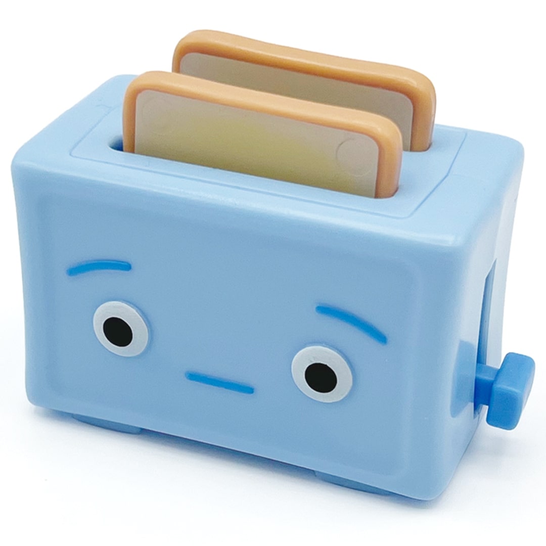 Fidget go friemelspeelgoed blauwe broodrooster met een verdrietig gezicht en twee stukjes toast in de gleuven.