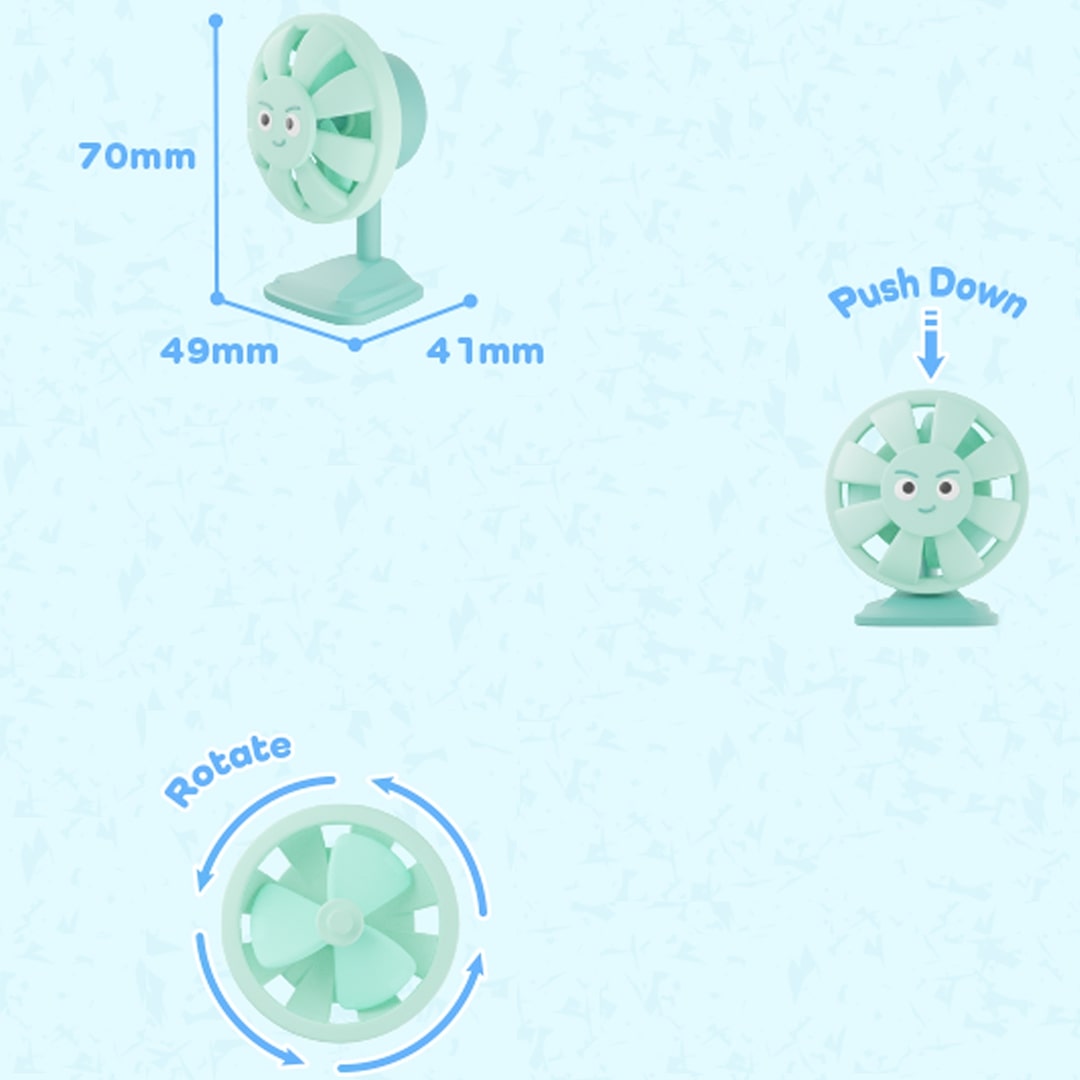Infographic met afmetingen en functies van de lichtgroene friemelspeelgoed ventilator.