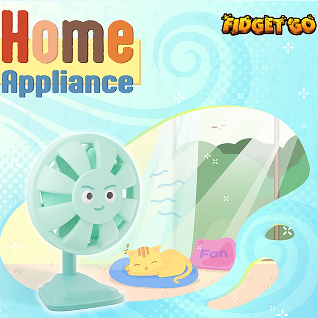 Fidget Go demonstratieafbeelding van de lichtgroene friemelspeelgoed ventilator met een slapende kat.