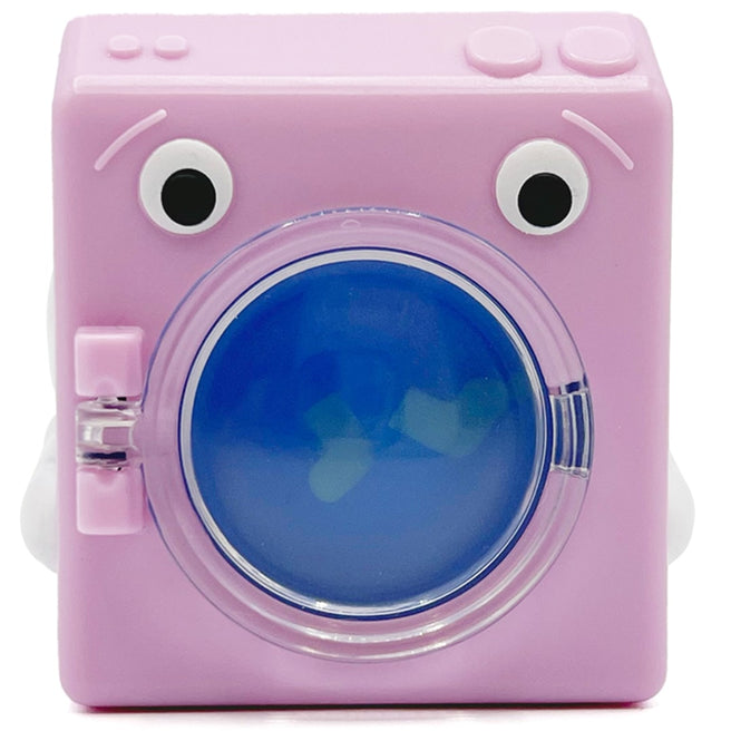 Fidget Go roze fidget speelgoed wasmachine met cartoonogen en blauwe draaiende trommel.