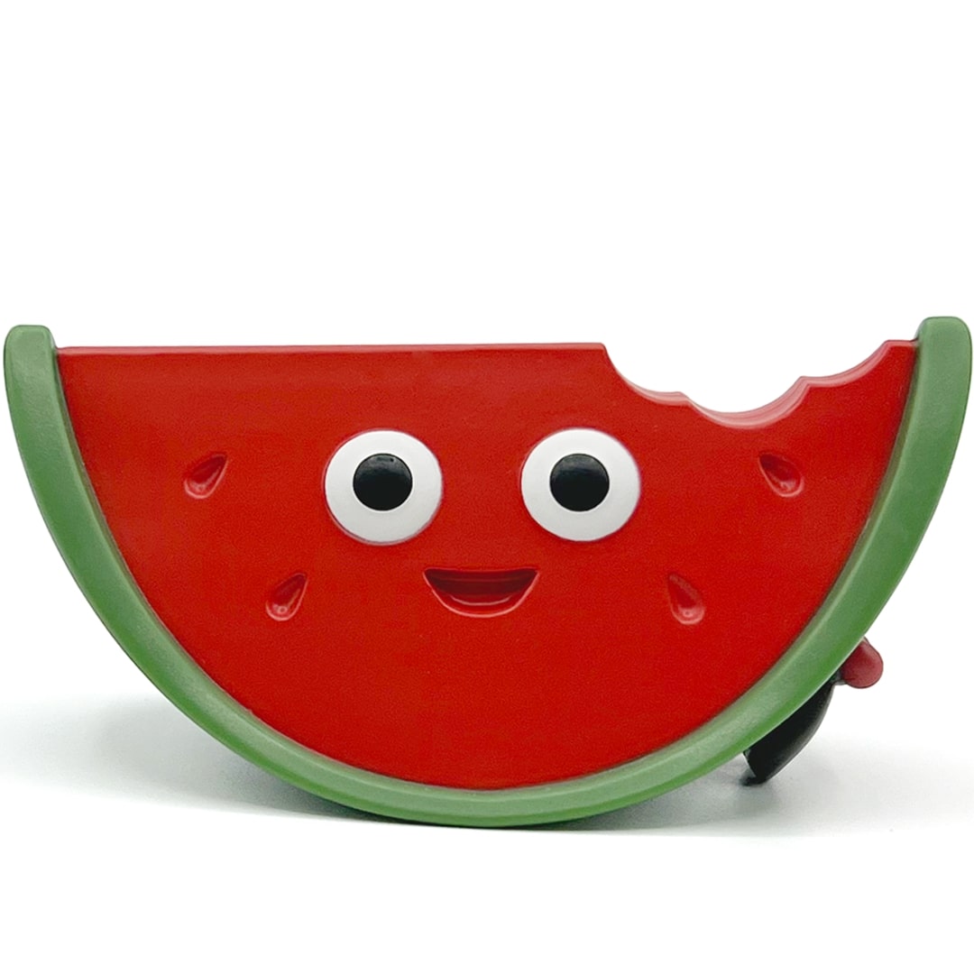fidget go watermeloen friemelspeelgoed met een lachend gezicht en een hap eruit.