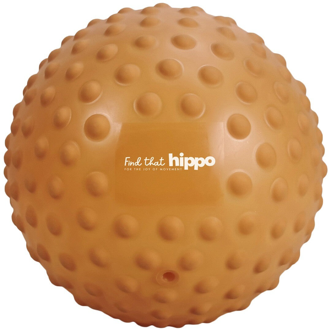 Find that hippo oranje sensorische bal met textuur en merklogo.