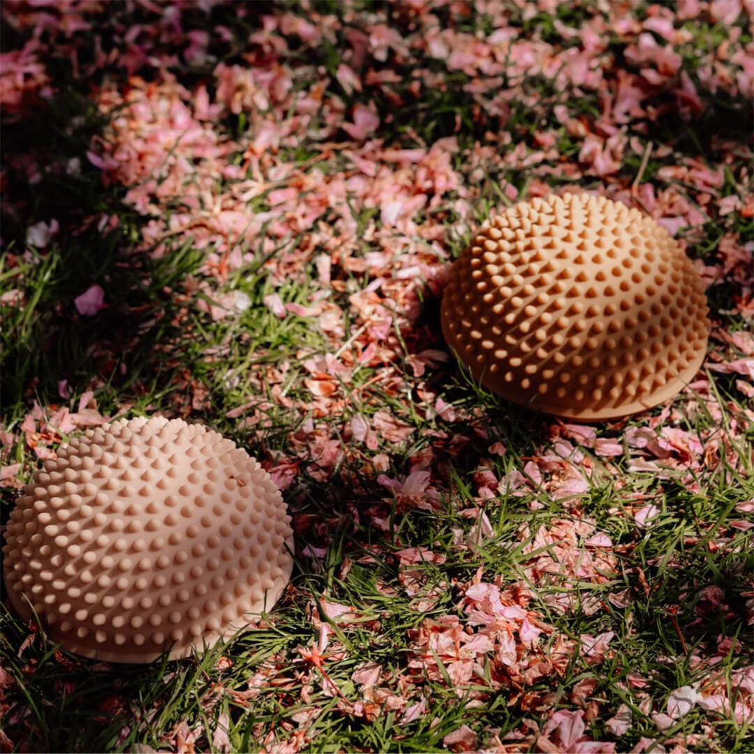 Twee find that hippo sensorische stapstenen, een gele en een roze, liggen in het gras met roze bloemblaadjes.