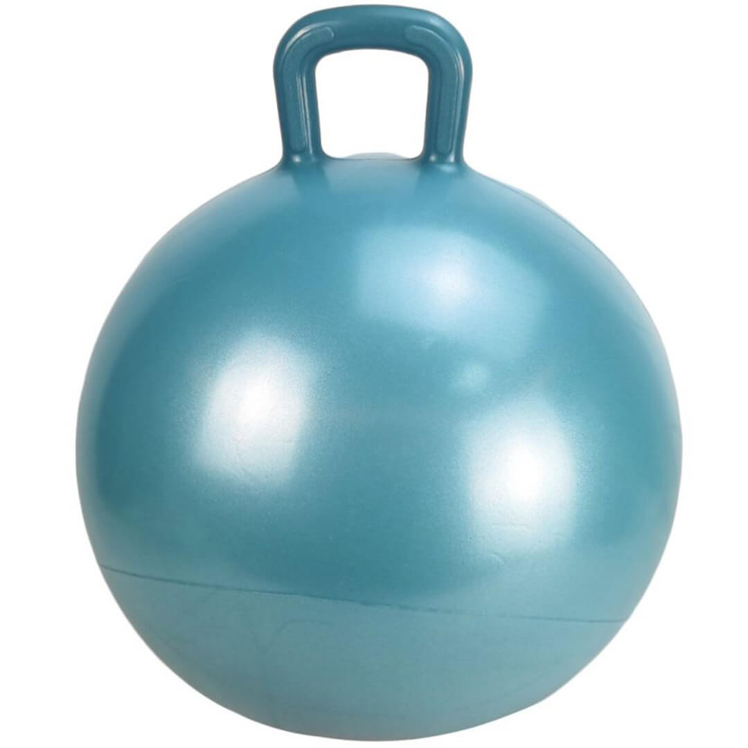 Een donkerblauwe skippybal voor kinderen met een handvat.