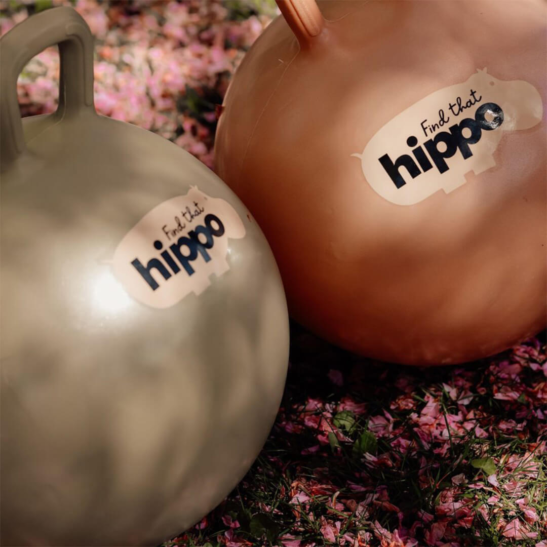 Twee Find that hippo skippyballen in oudgoud en roze liggen op de grond met roze bloesem.