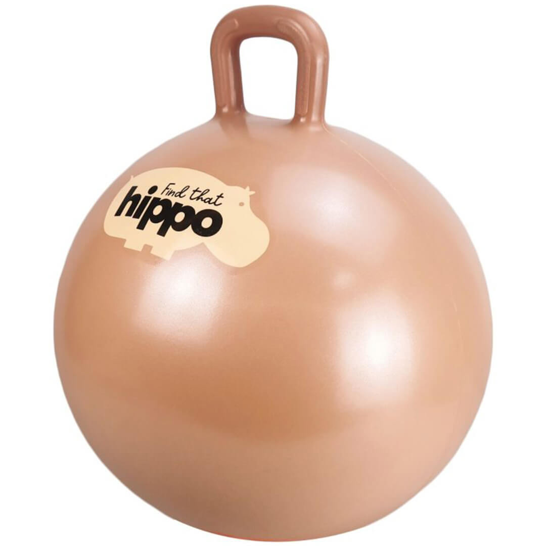 Een schuin aanzicht van de find that hippo skippybal in perzisch oranje met handvat en logo.