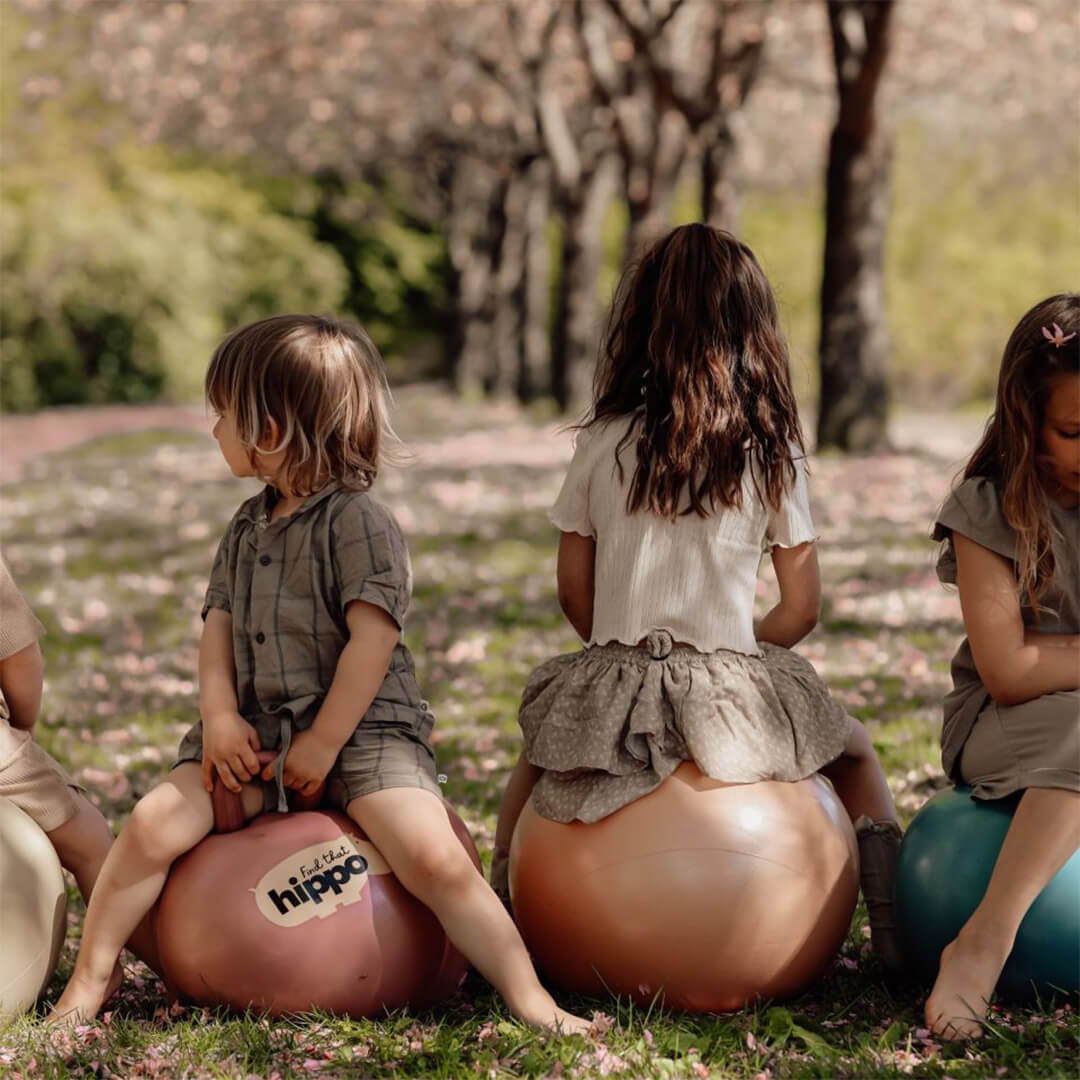 Drie kinderen zitten op verschillende find that hippo skippyballen in een park.